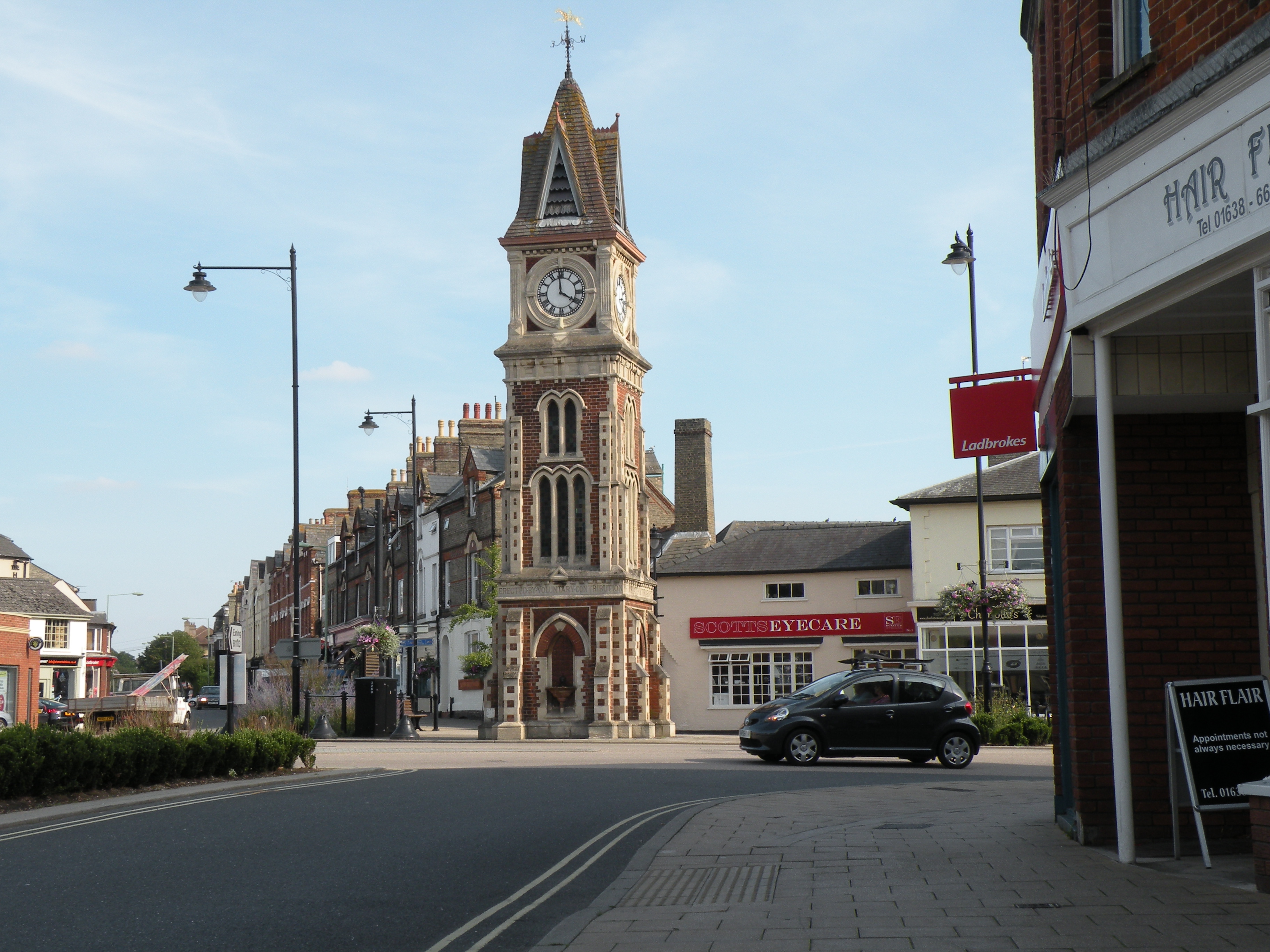 Newmarket clock tower and town-centre streetscape