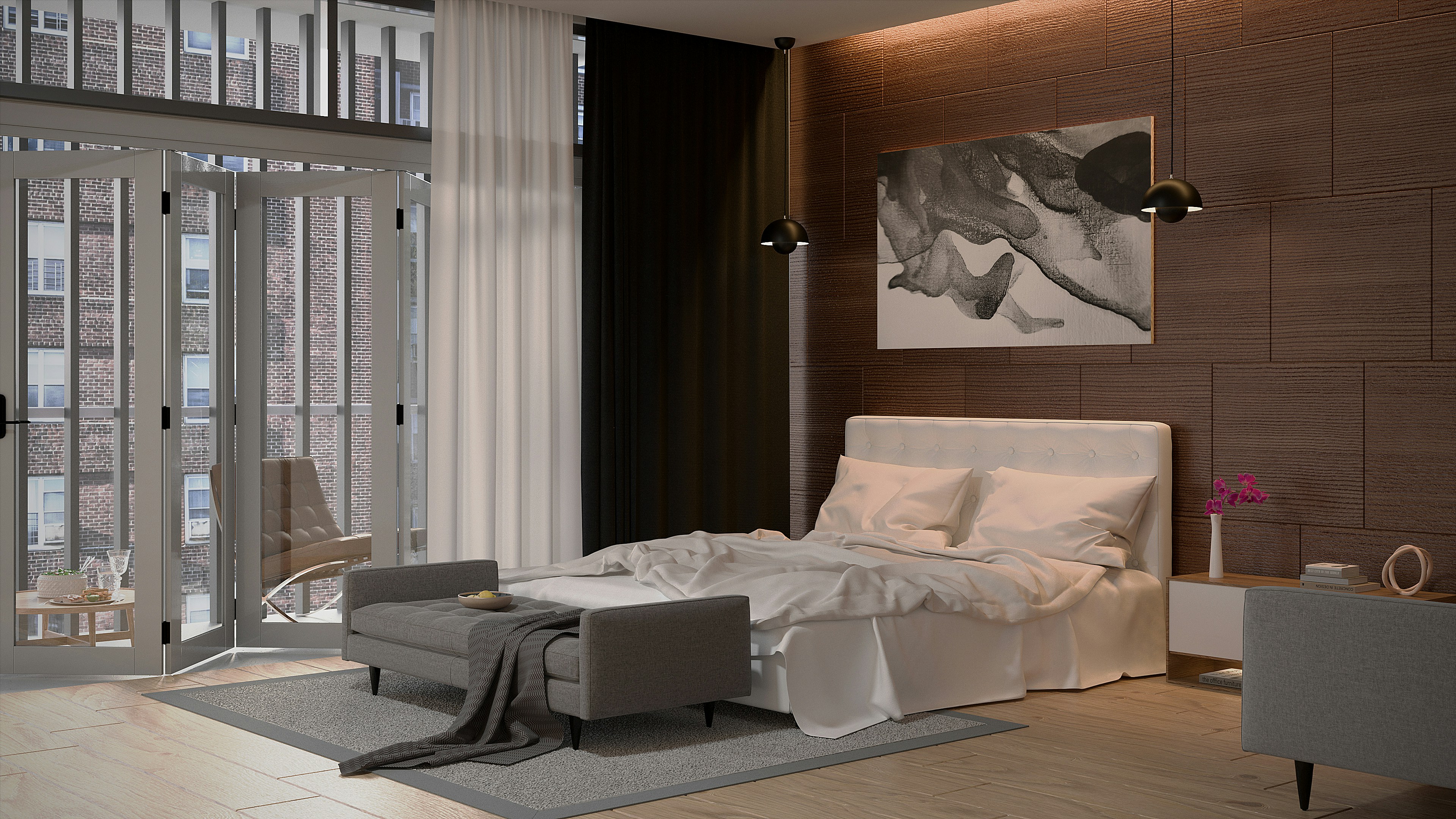 Modern bedroom with a large window, bed and neutral furnishings