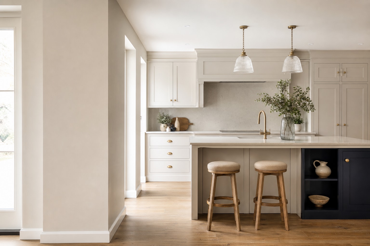 Warm contemporary kitchen with shaker cabinetry, a central island and natural daylight