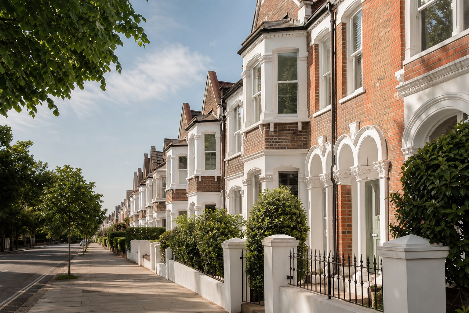 Handsome red-brick and stone British homes along a quiet tree-lined residential street