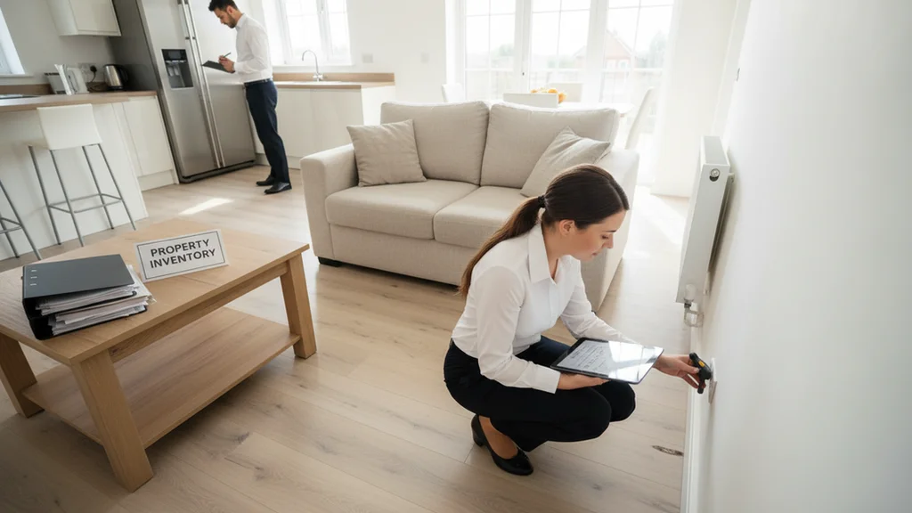 High angle view of a professional inventory clerk inspecting a rental property