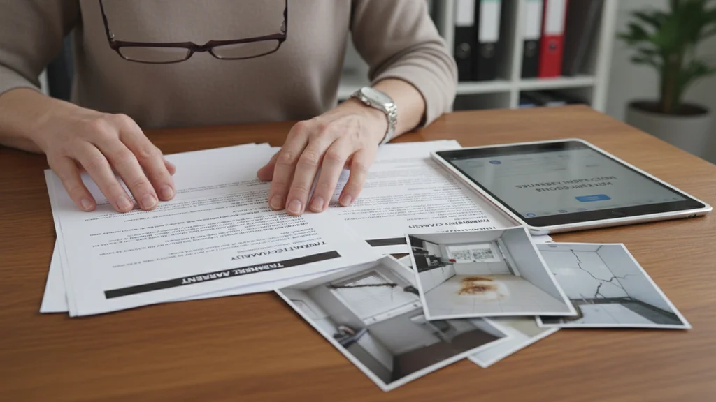 Close-up view of a landlord reviewing tenancy documents and photographic evidence